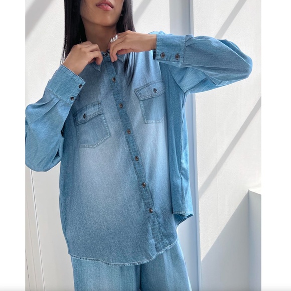 560. SPLENDID x Kate Young Silk Button-Down Denim-Print Shirt $328 NWT XS - Picture 2 of 6